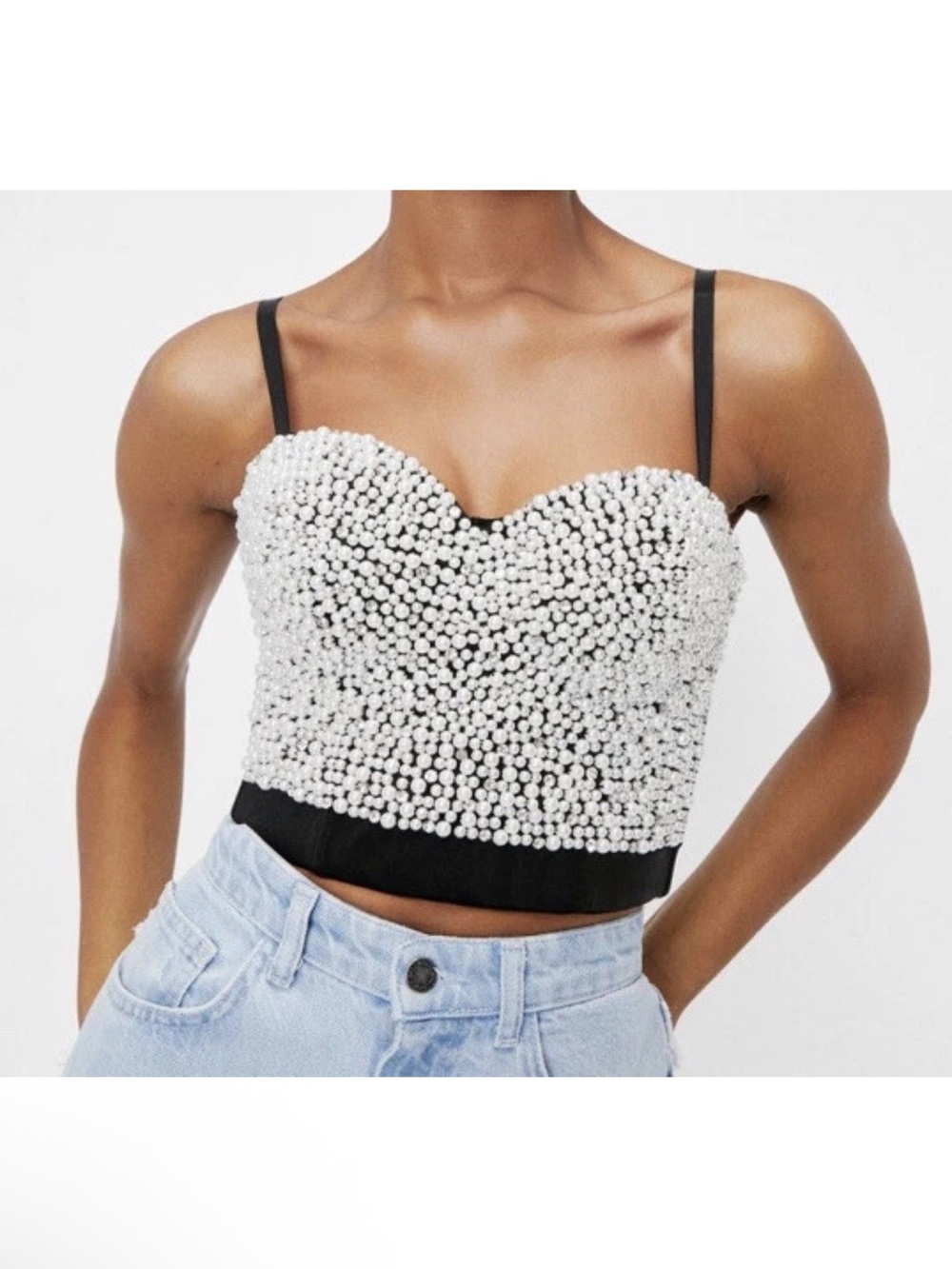 Pearl Embellished Cropped Sweatheart Neckline Corset Top Sz L/XL